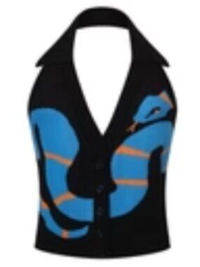 Women's 70s Snake Jacquard Halter Knit Vest Black & Blue Size: XL  NWT